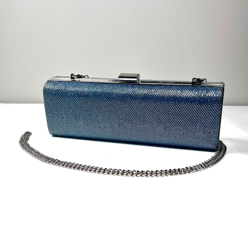 ✨ Blue Metallic Crossbody Clutch with Chain Strap – Elegant Formal Evening Bag ✨